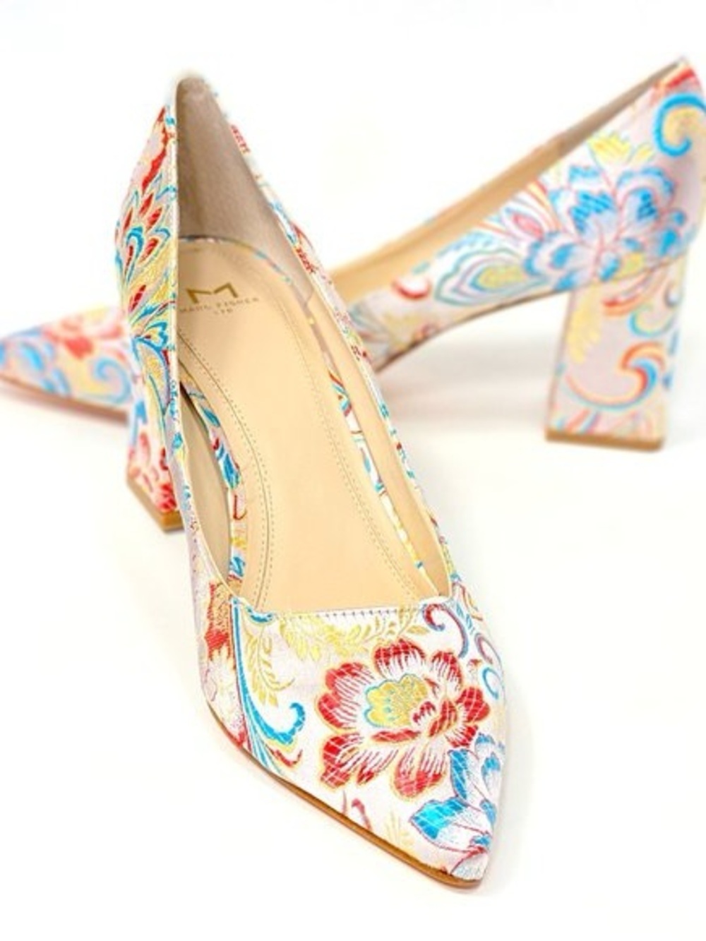 Marc Fisher Zala Pointed Toe Pump Womenโs Size 7.5M Floral Block Heel Officewear
